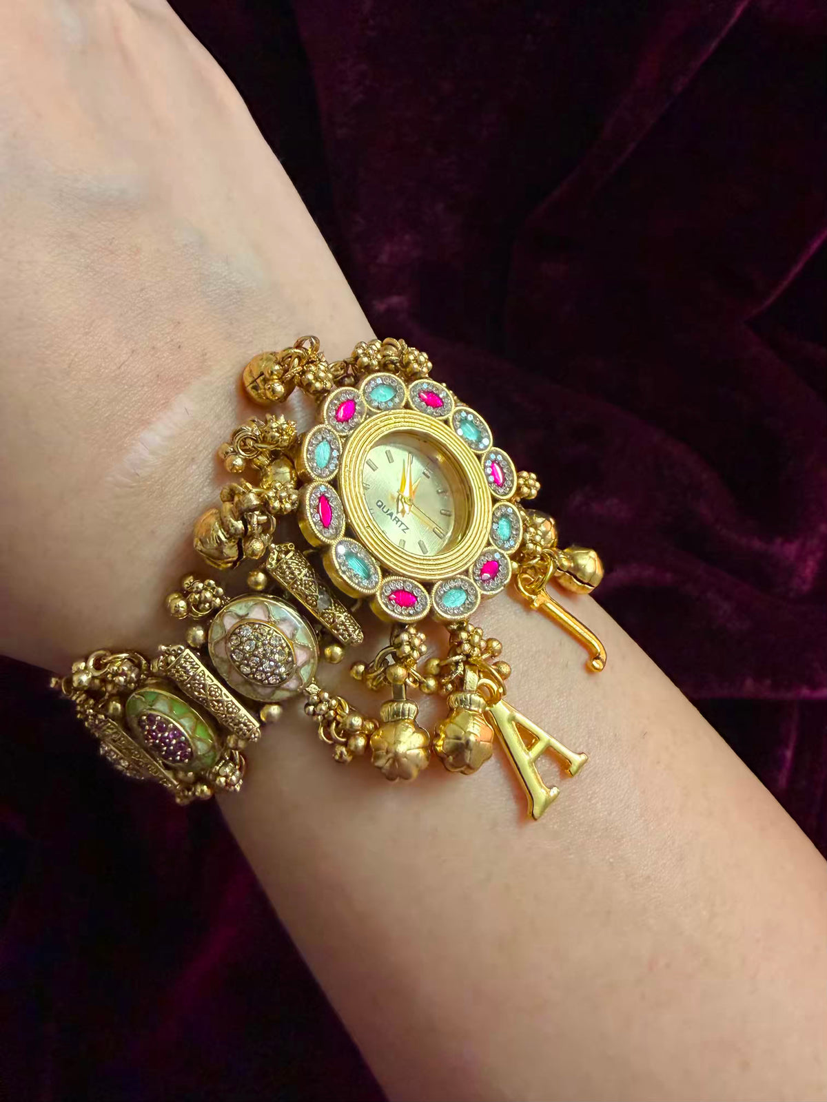 Ghungroo Pink Green Maharani Watch ( Customise Free Initial )( Random side strap colour)