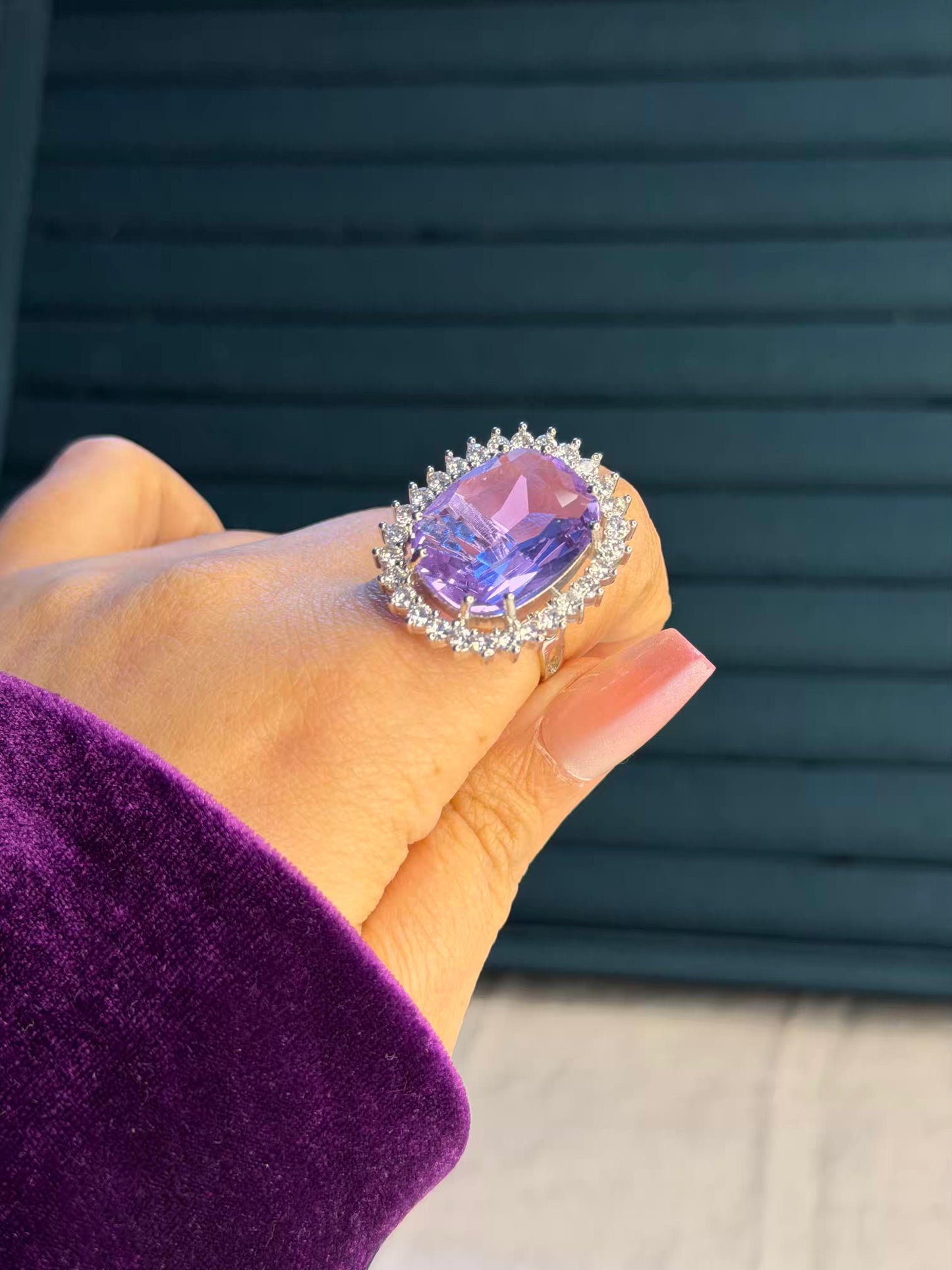 Light Purple Big Statement Silver Plated Premium Ring (Adjustable)