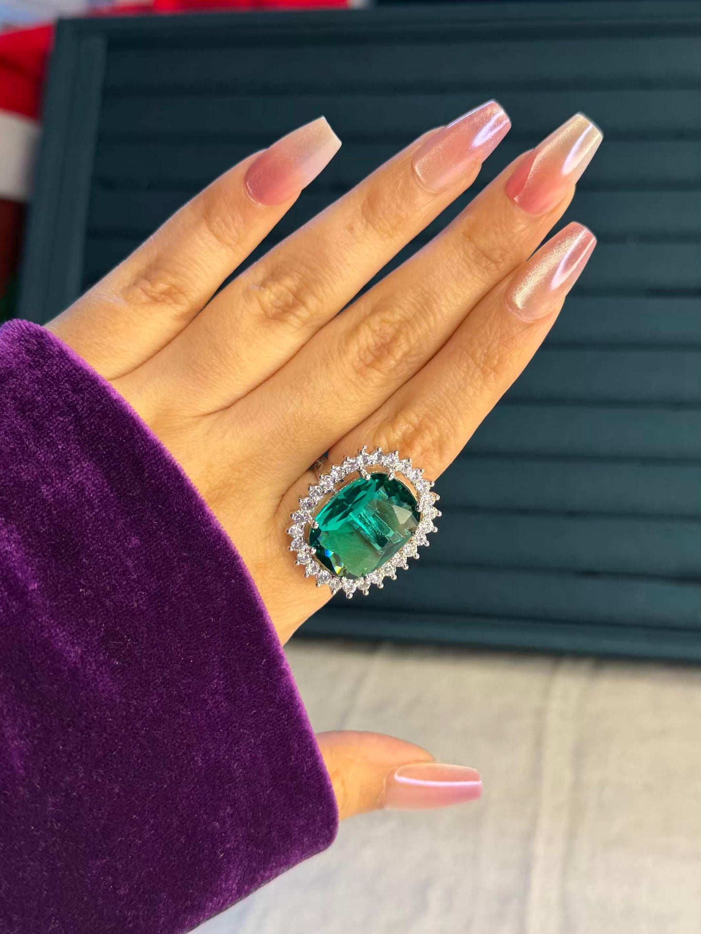 Emerald Green Big Stone Statement Silver Plated Premium Ring (Adjustable)