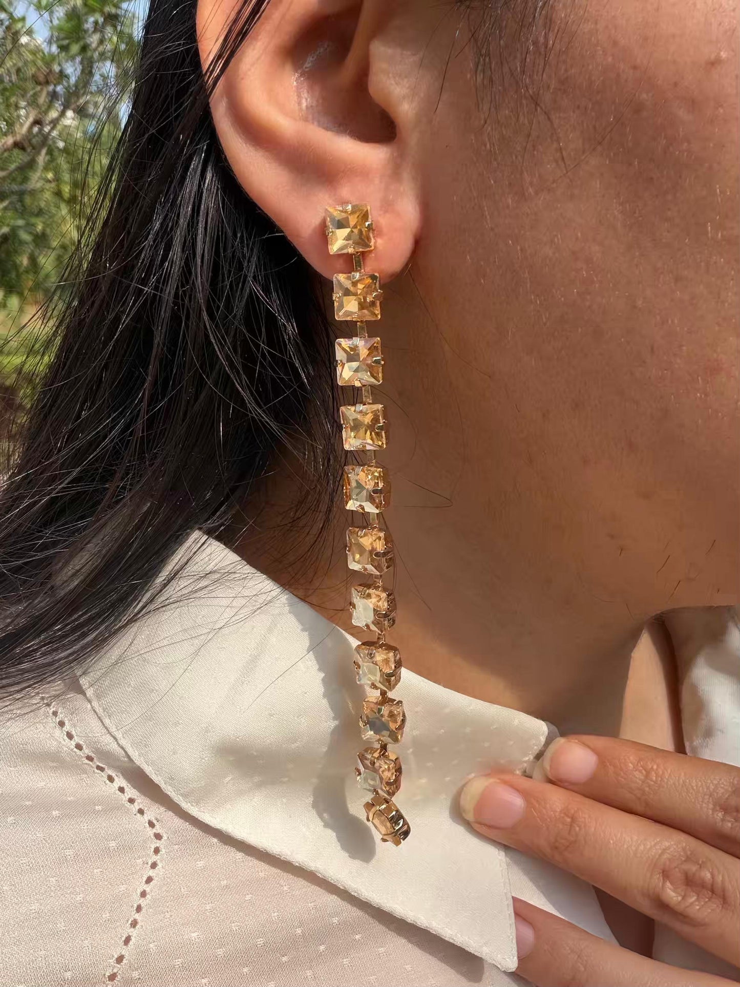 Square Shaped Golden Long Gold Plated Earrings