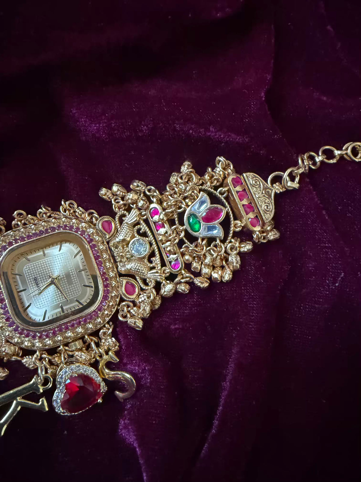 Ruby Heart Charm Golden Square Dial Maharani Watch Bracelet
