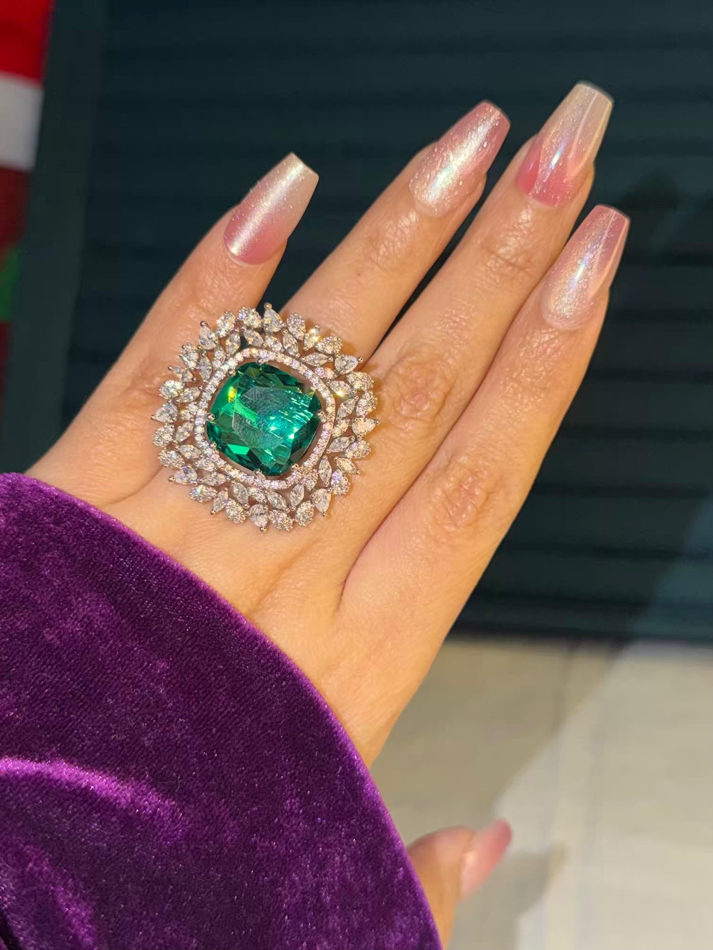 Green Square Diamond Edge Statement Silver Plated Premium Ring (Adjustable)