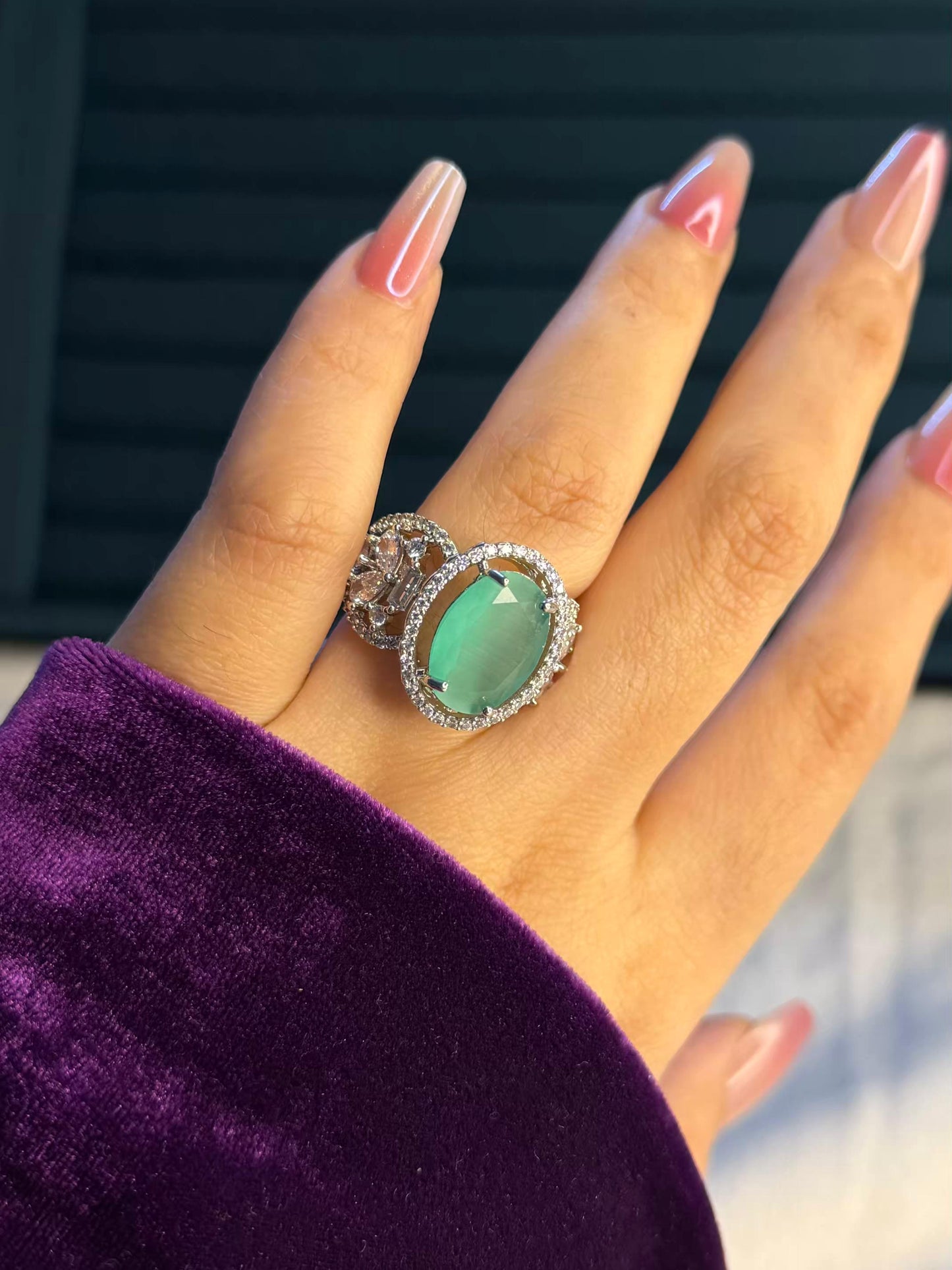 Pastel Green Empress Silver Plated Premium Ring (Adjustable)