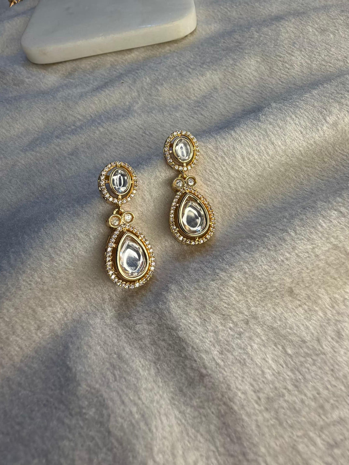 Classic Clear Kundan Drop Stud Gold Plated Earrings