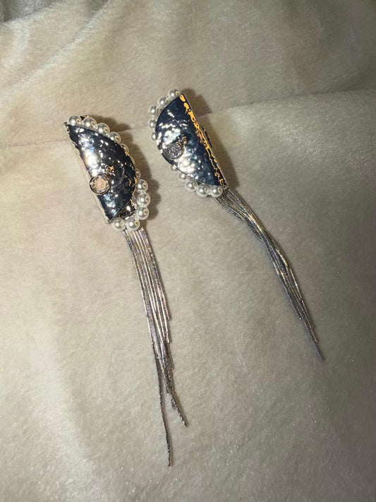 Silver Pearl Tassel Statement Silver Plated Earrings