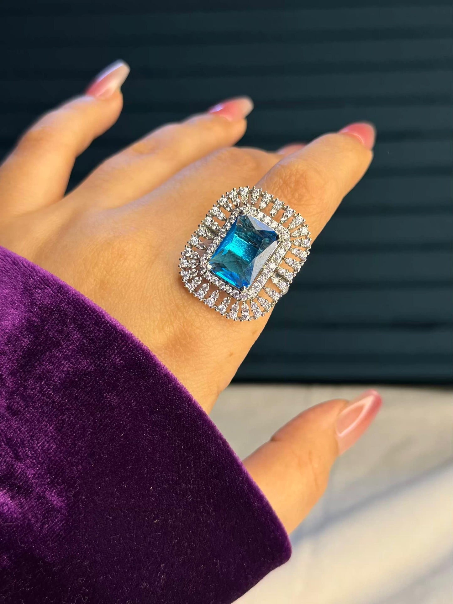 Celeste Blue Sovereign Silver Plated Premium Ring (Adjustable)