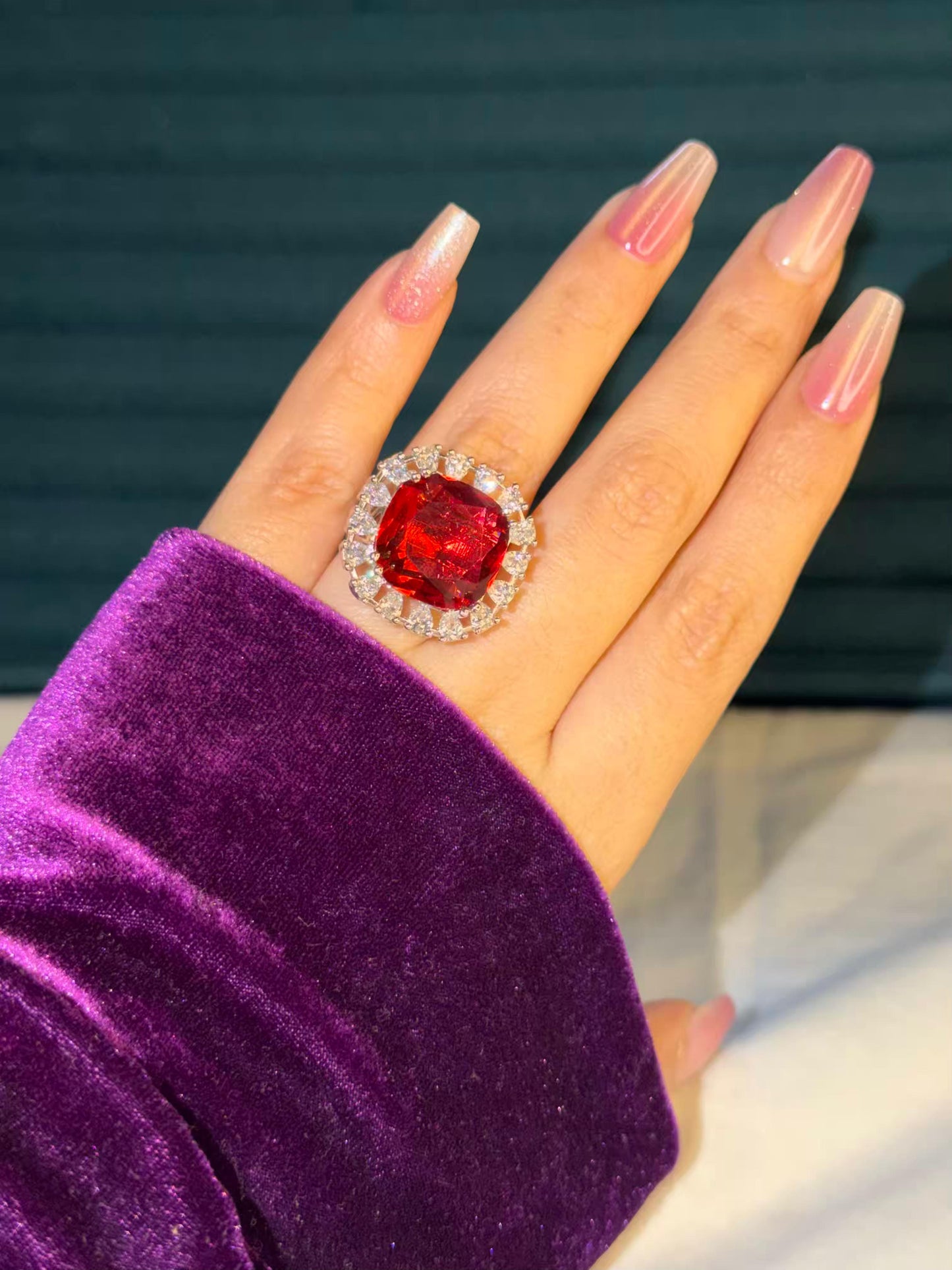 Red Square Statement Silver Plated Premium Ring (Adjustable)