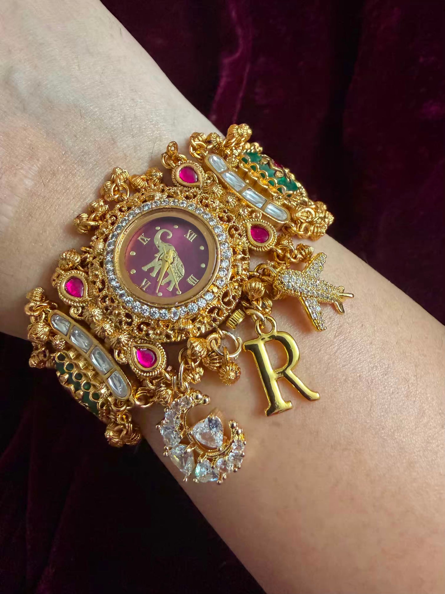 Moon Airplane Heritage Meenakari Watch Rakhi in Premium Swarovski (Free Initial)