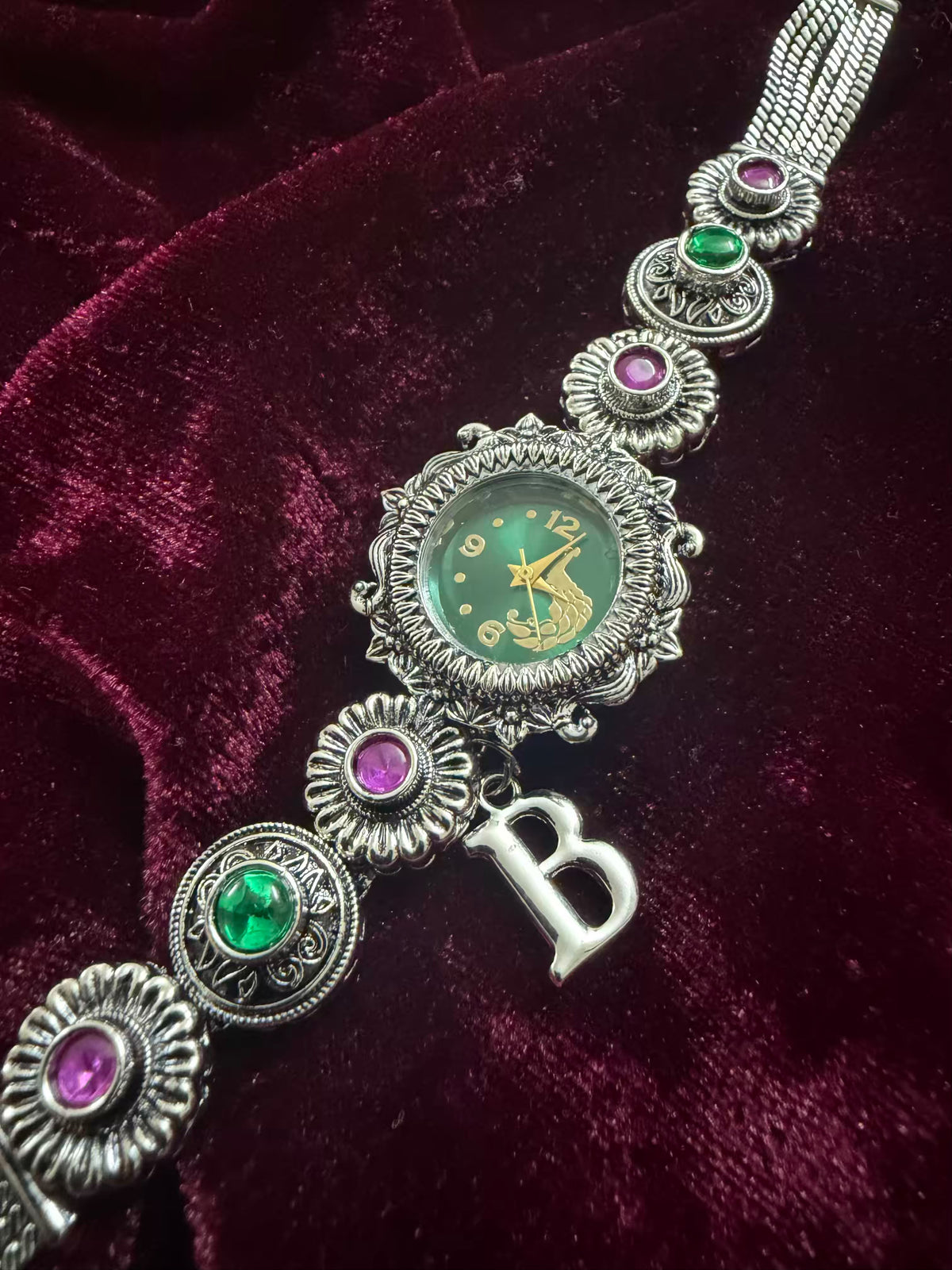 Maharani Green & Pink Elegance Silver-Tone Navratri Oxidised Heritage Watch