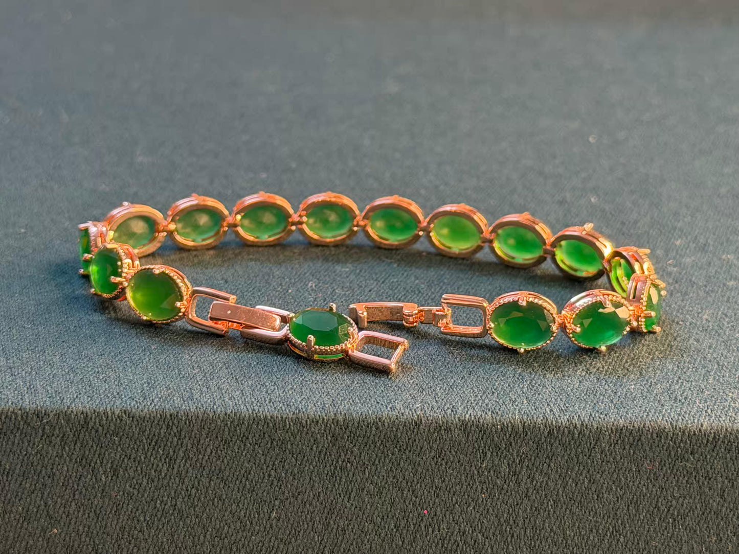 Emerald Green Oval Gold Plated Tennis Bracelet