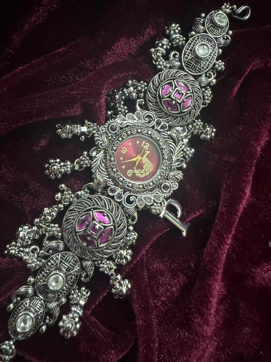 Rajwada Ruby Elegance Silver-Tone Navratri Oxidised Heritage Watch