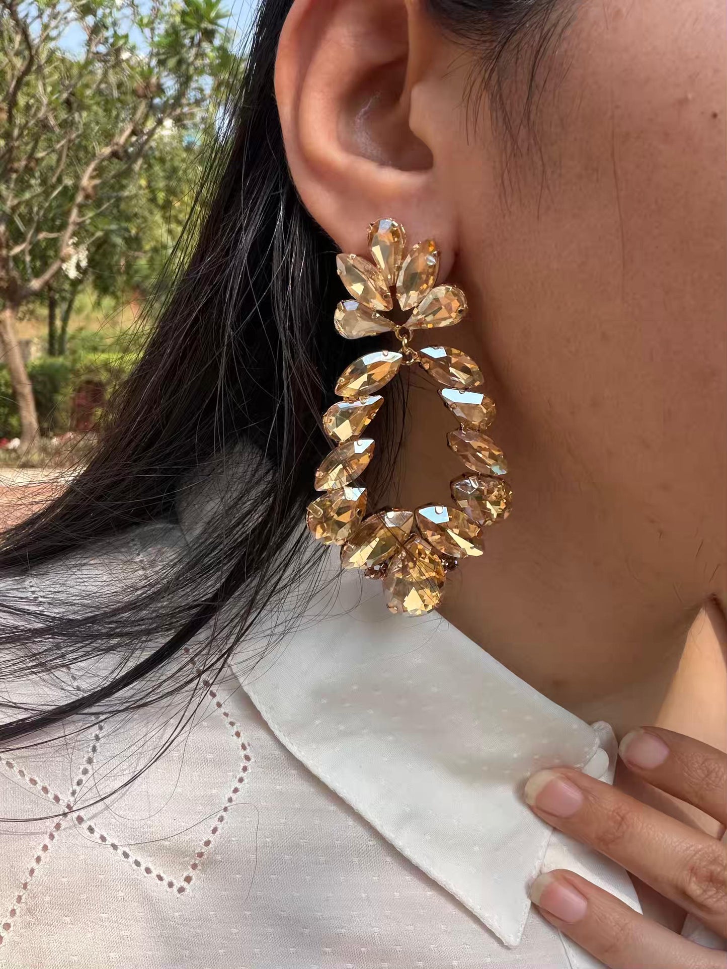 Golden Oval Shape Long Gold Plated Earrings