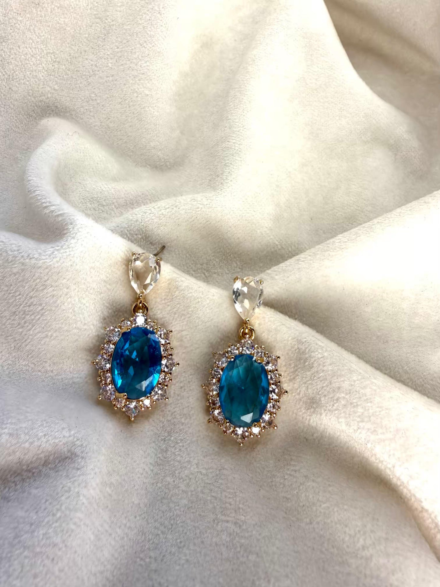 Royal Blue Halo Drop Gold Plated Earrings