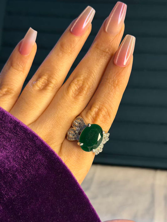 Emerald Green Oval Big Silver Plated Size 7 Us Ring