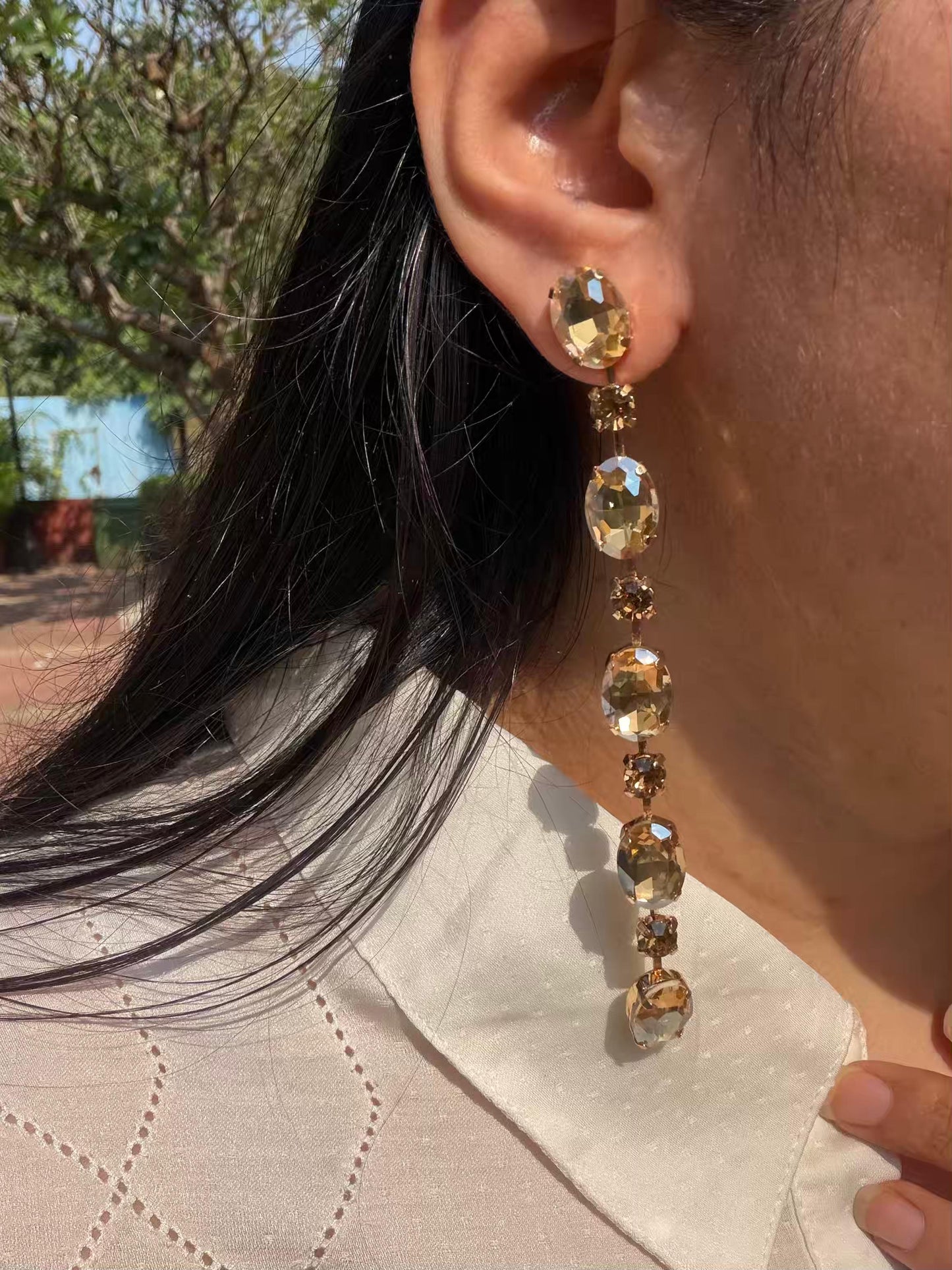 Golden Colour Stones Long Gold Plated Earrings