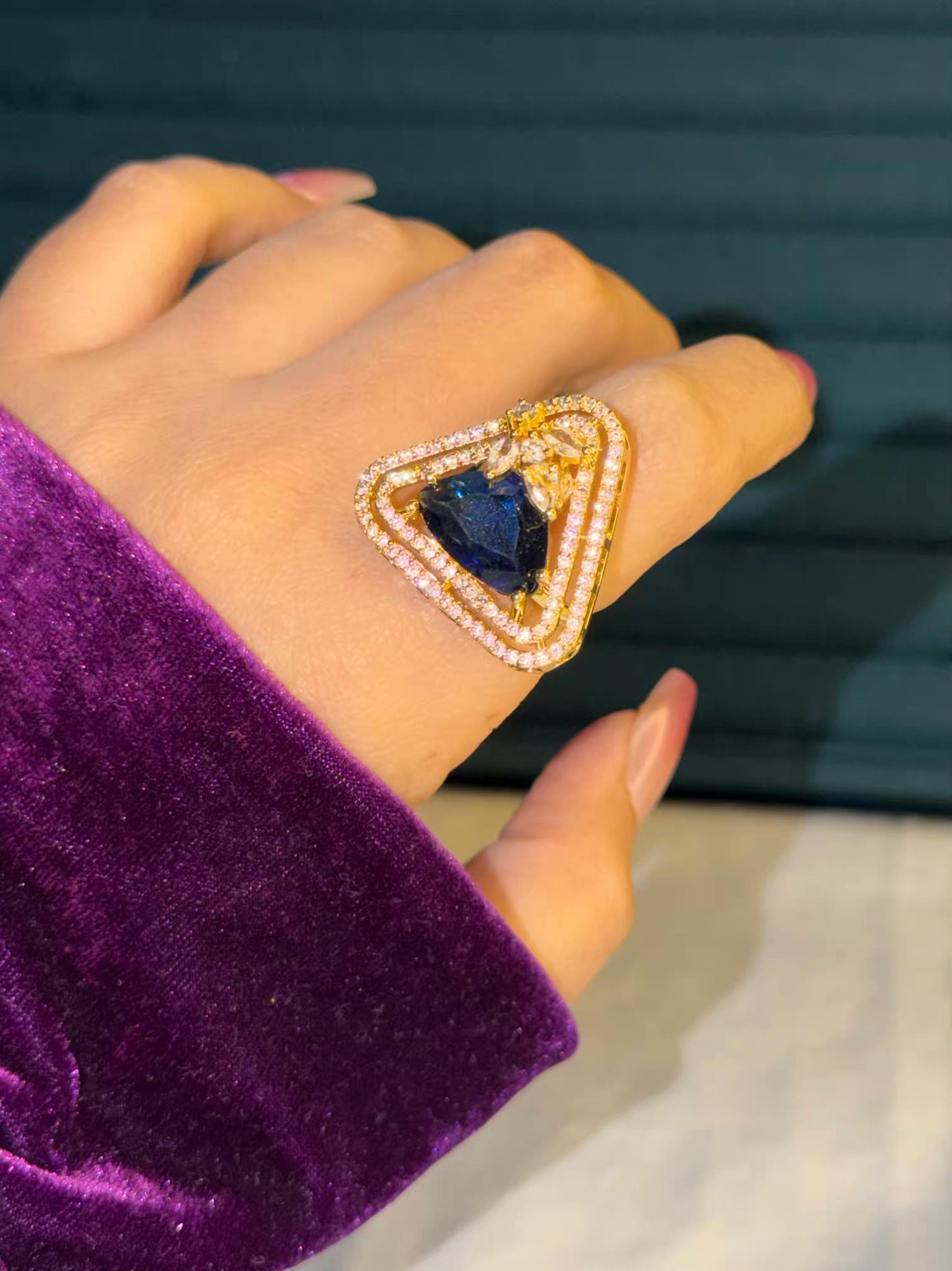 Dark Blue Triangle Diamond Silver Plated Premium Ring (Adjustable)