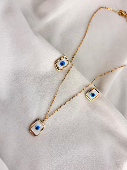 Square Minimal Evil Eye Necklace And Studds 18K Gold Plated Premium Necklace