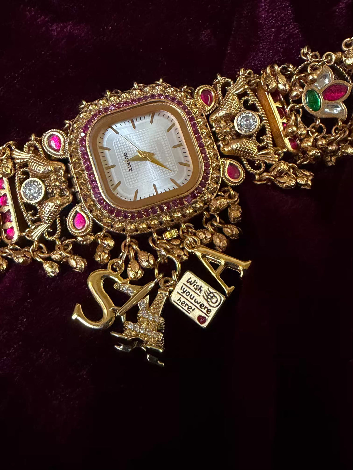 Ruby Charm Pink Stone Square Dial Maharani Watch Bracelet