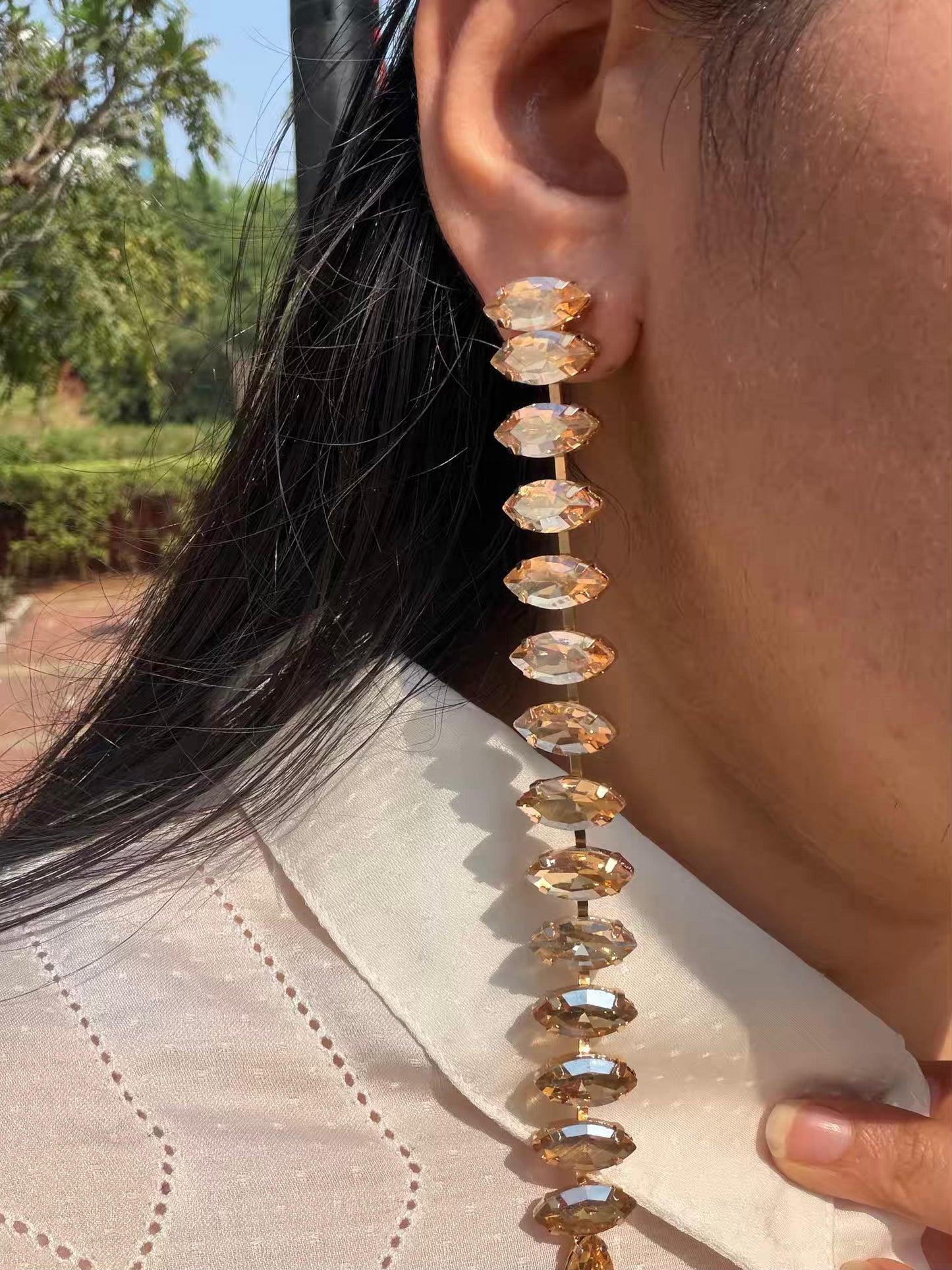 Golden Colour Stones Layers Long Gold Plated Earrings