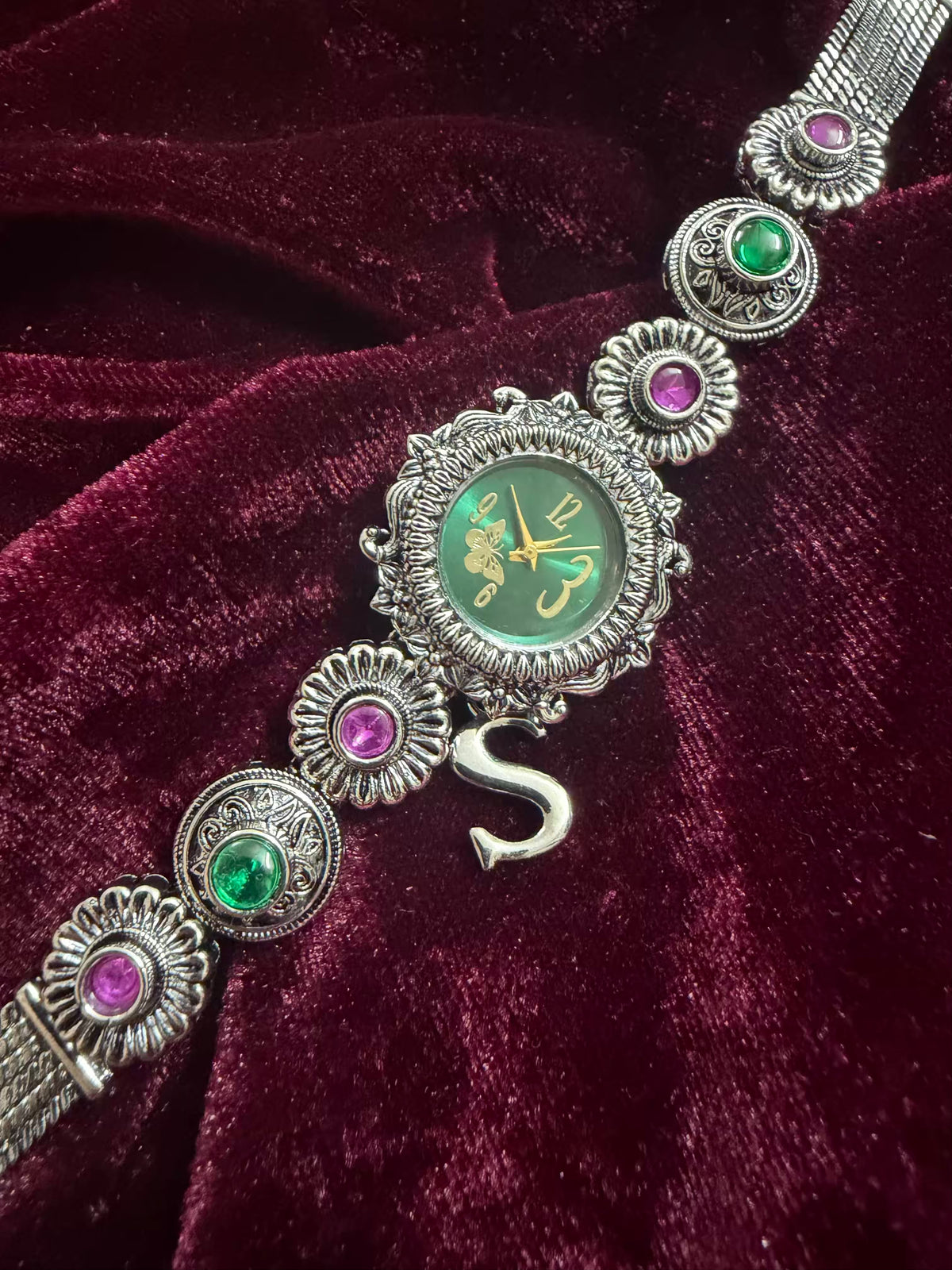 Regal Emerald Shringar Silver-Tone Navratri Oxidised Heritage Watch