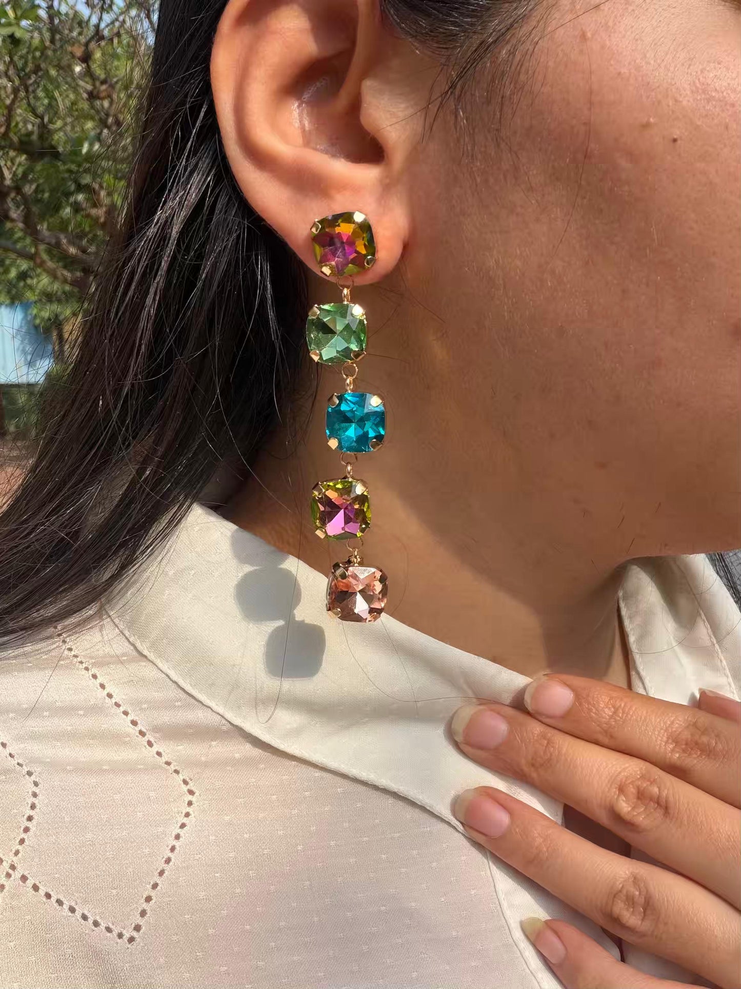 Multi Colour Square Stones Gold Plated Earrings