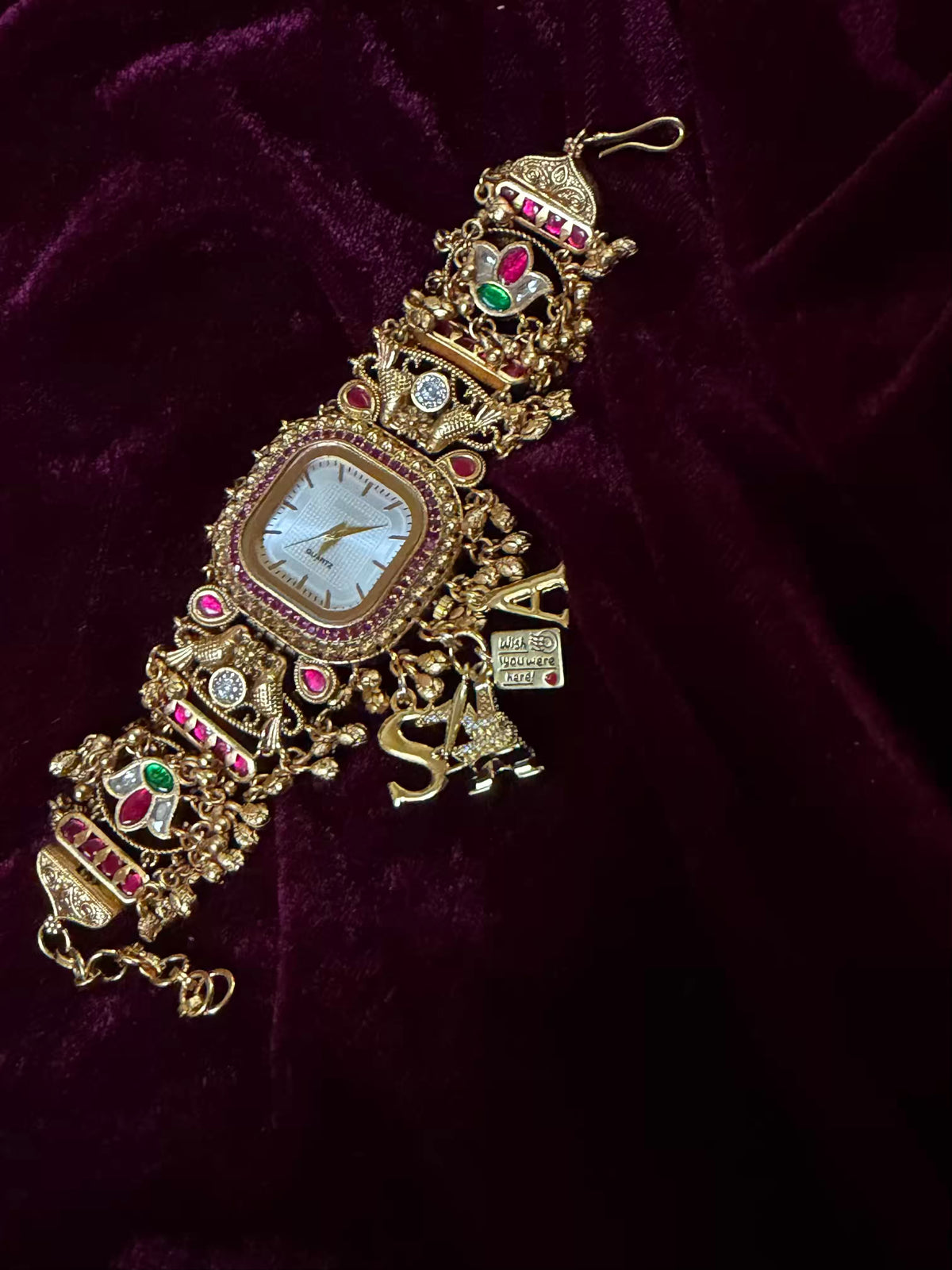 Ruby Charm Pink Stone Square Dial Maharani Watch Bracelet