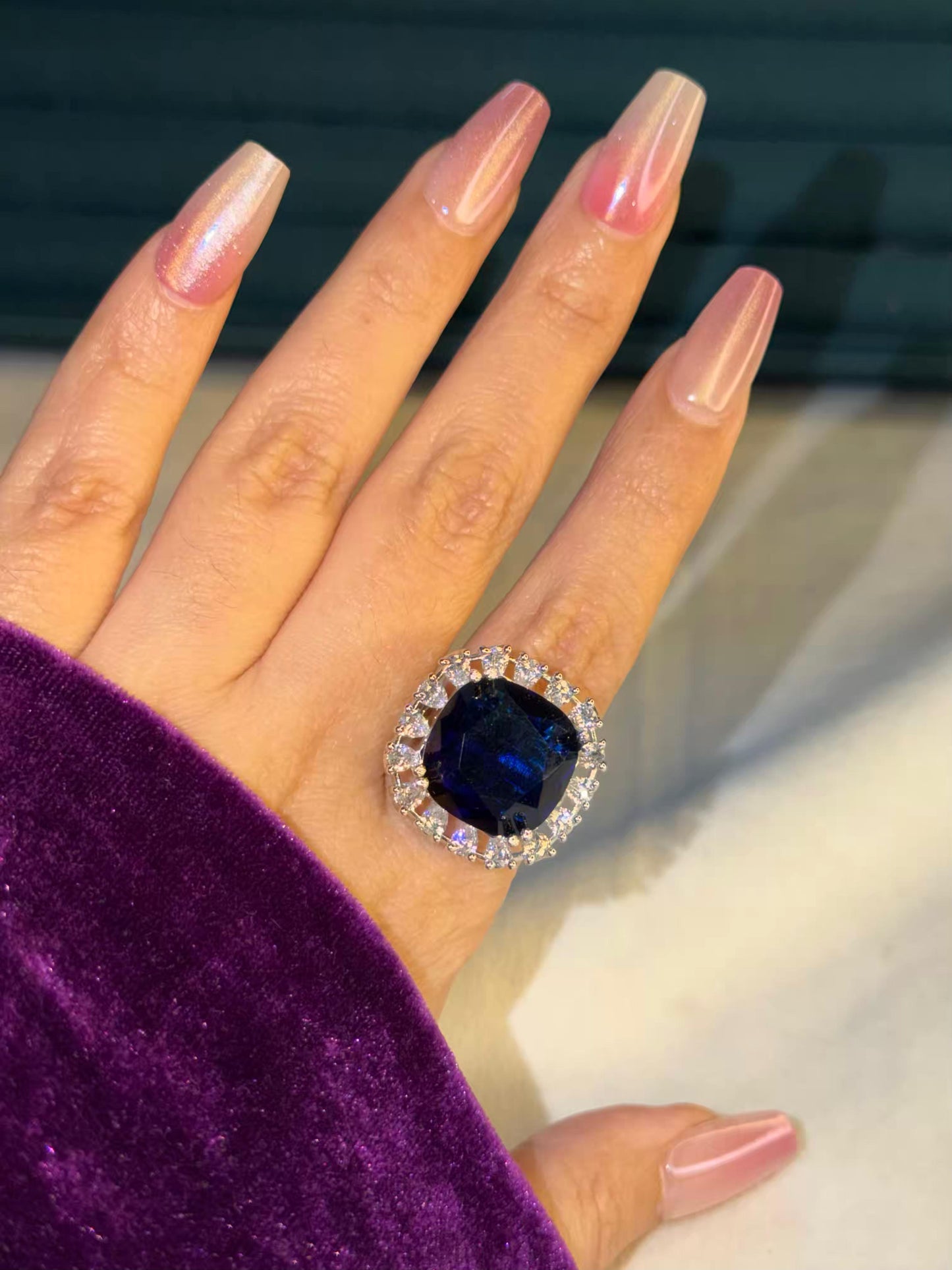 Royale Blue Statement Silver Plated Premium Ring (Adjustable)