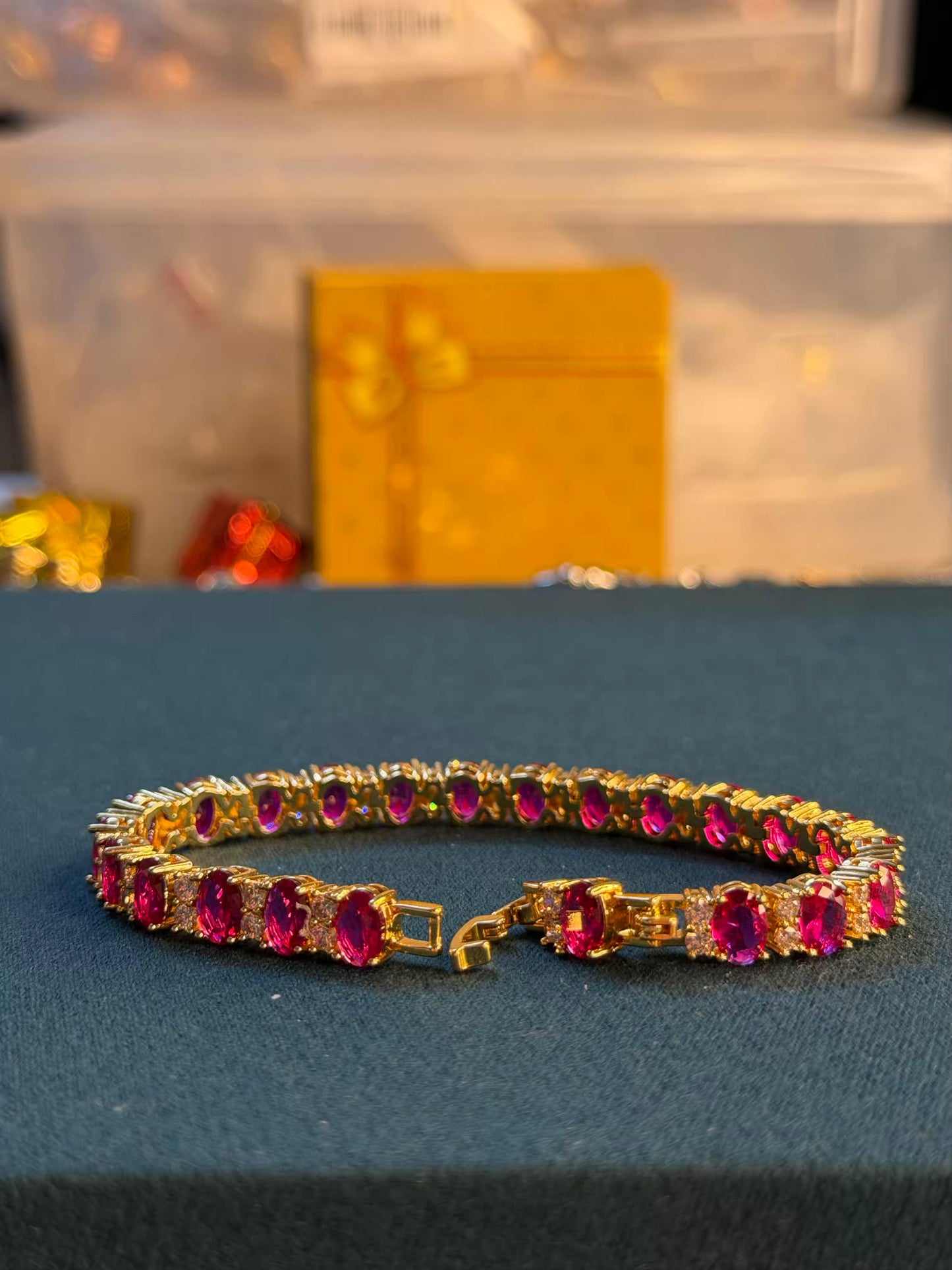Ruby Pink Oval Gold Plated Tennis Bracelet