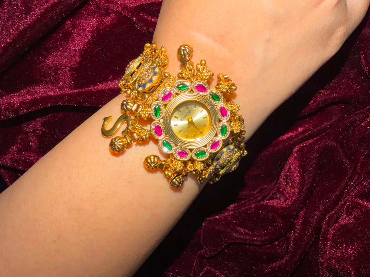 Ghungroo Pink Green Maharani Watch ( Customise Free Initial )( Random side strap colour)