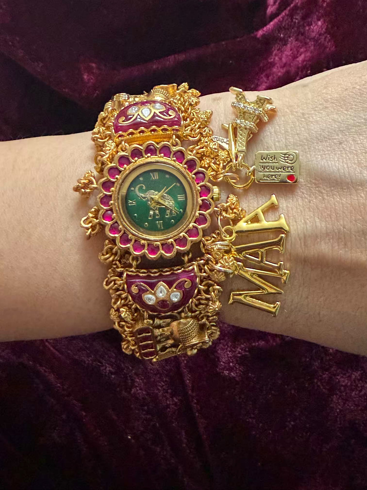 Wish You Were Here MAA Emerald Green Round Dial Ruby Pink Stone Elephant Charm Heritage Maharani Watch Bracelet