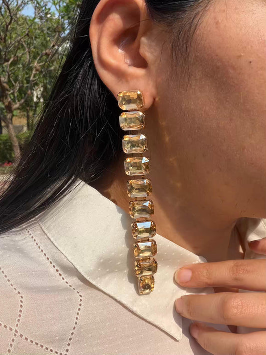 Square Shape Golden Stone Layers Long Gold Plated Earrings