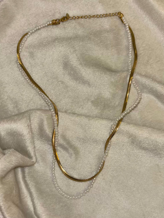 Dual Layered Pearl Snake Chain Necklace 18K Gold Plated Premium Necklace