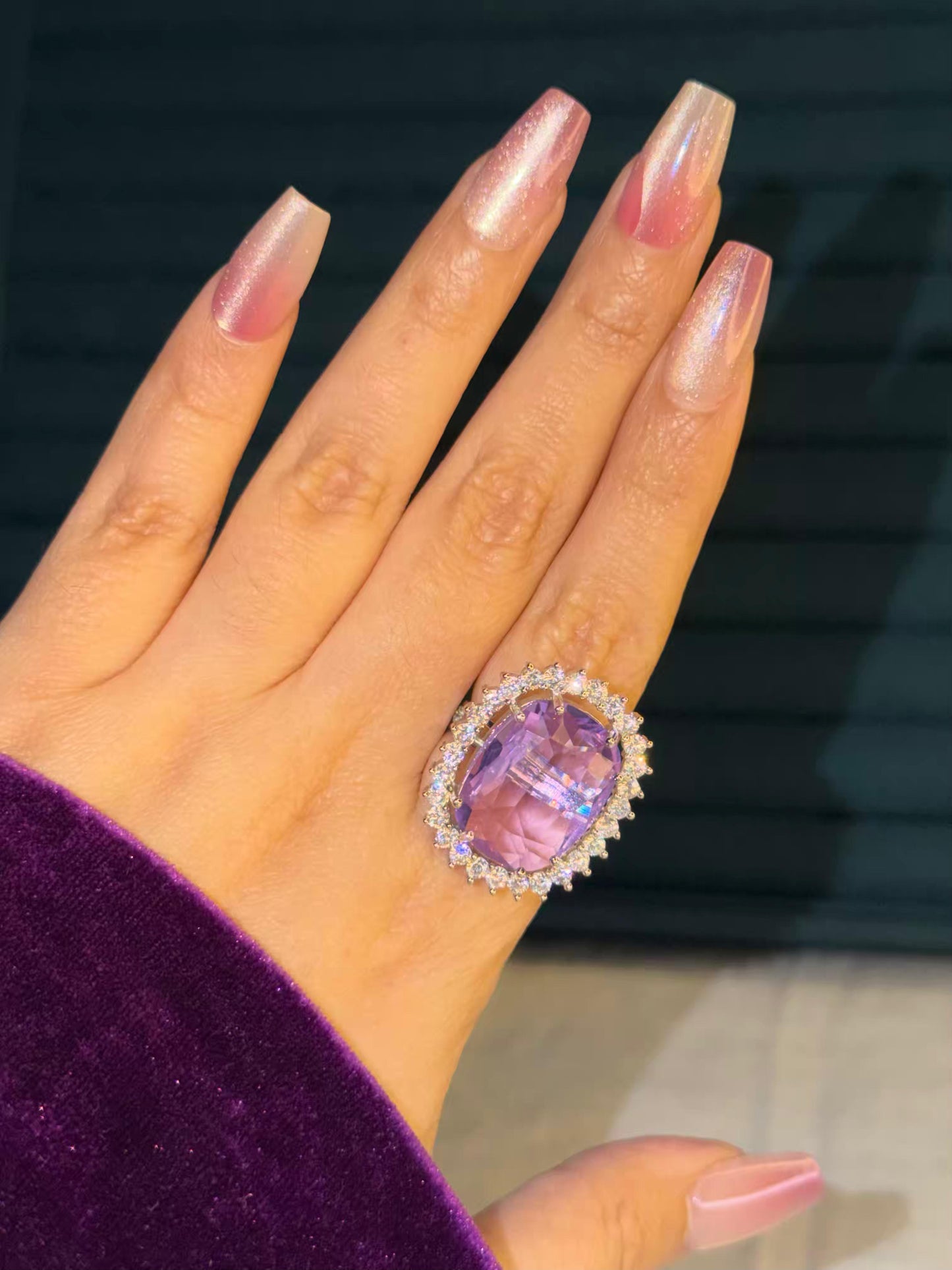 Light Purple Big Statement Silver Plated Premium Ring (Adjustable)