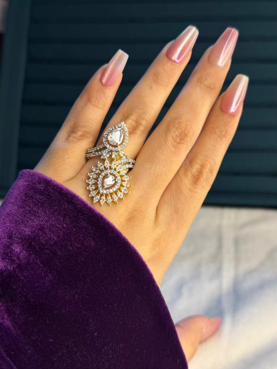 Dewdrop Majesty White Silver Plated Premium Ring (Adjustable)