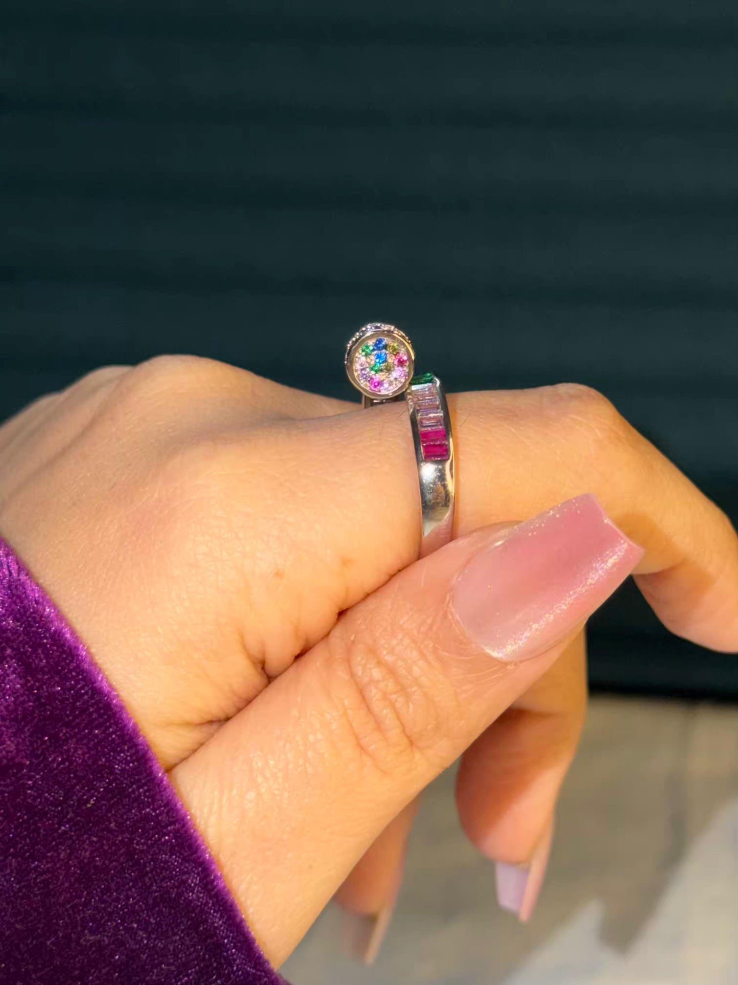 Aurora Dotline Multicolour Silver Plated Premium Ring (Adjustable)