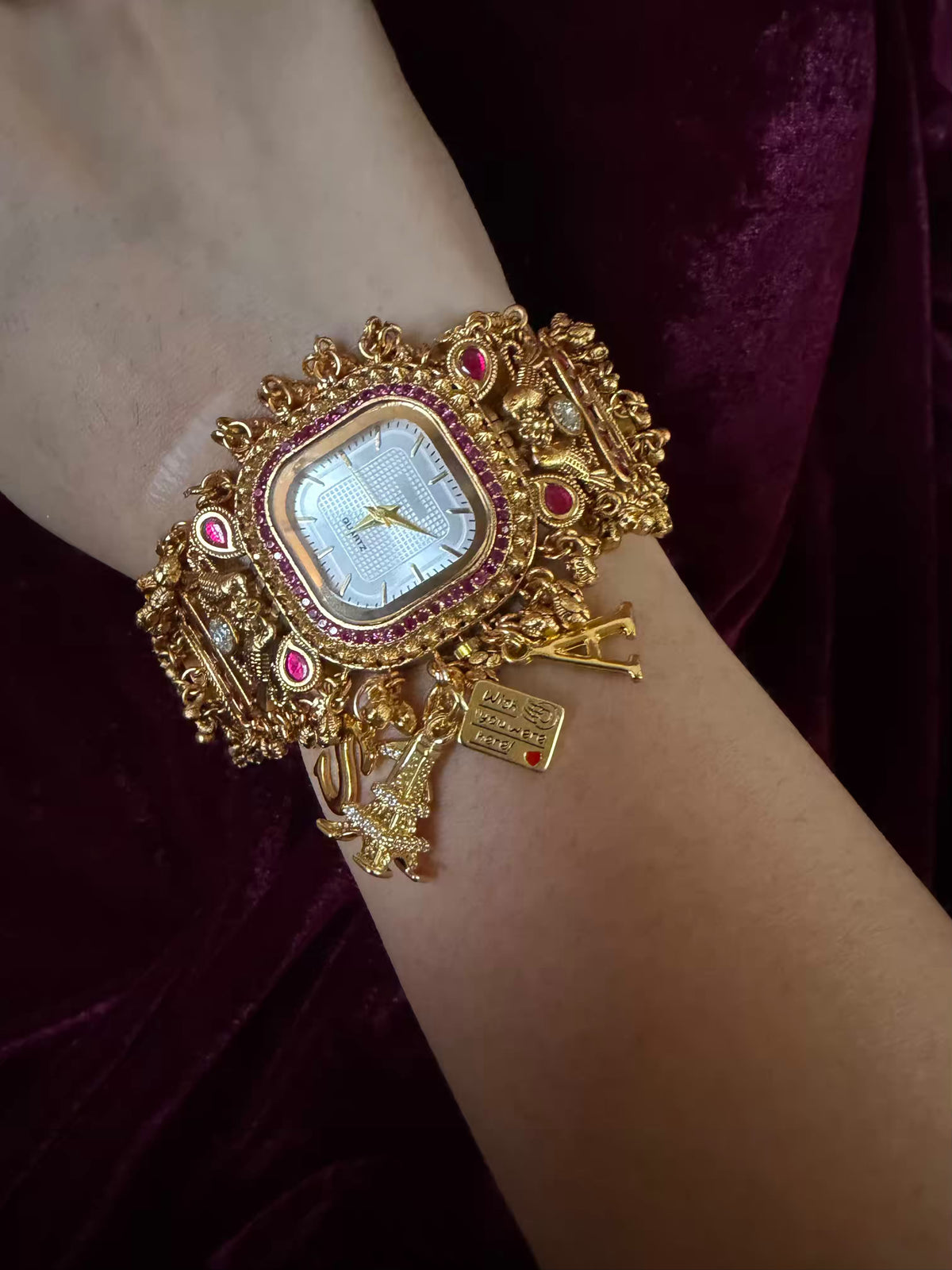 Ruby Charm Pink Stone Square Dial Maharani Watch Bracelet