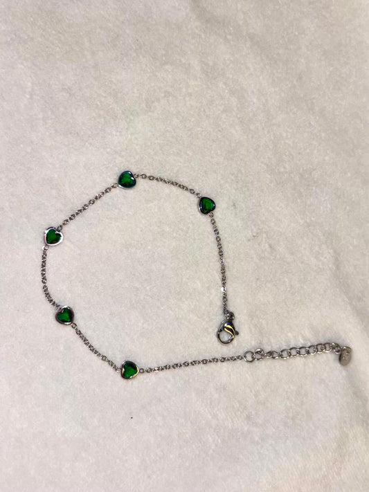 Silver Green Hearts Premium Anklet Payal with Silver hooks