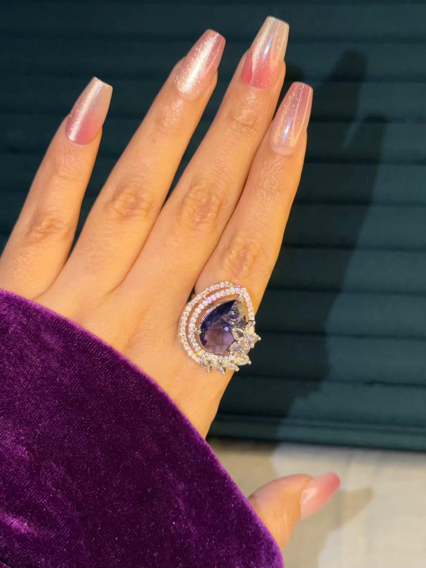 Purple Crystal Floral Silver Plated Premium Ring (Adjustable)