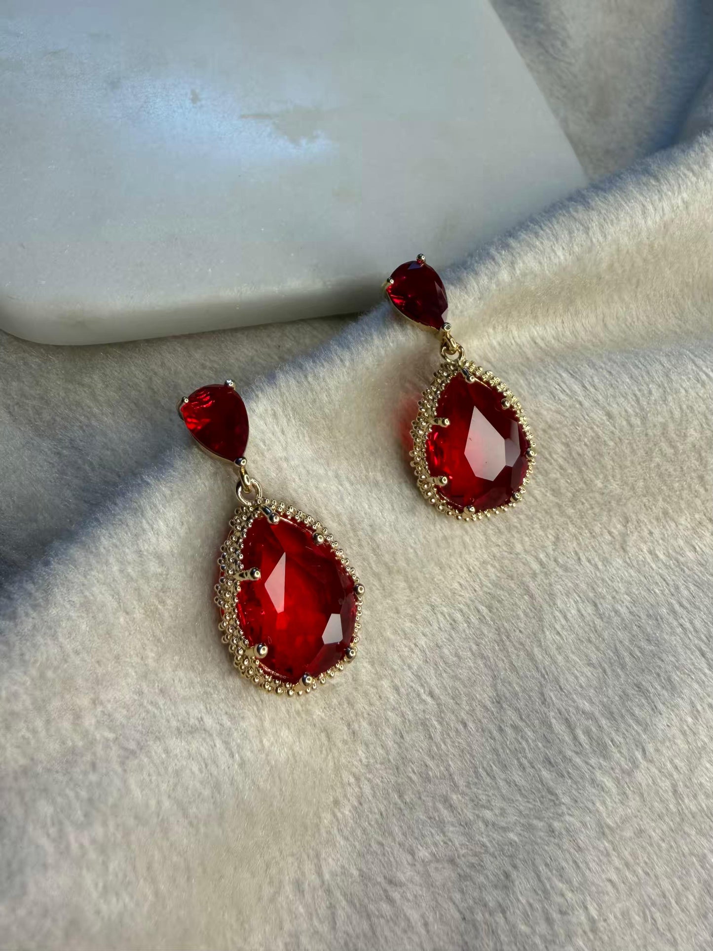 Red Drop Stud Gold Plated Earrings
