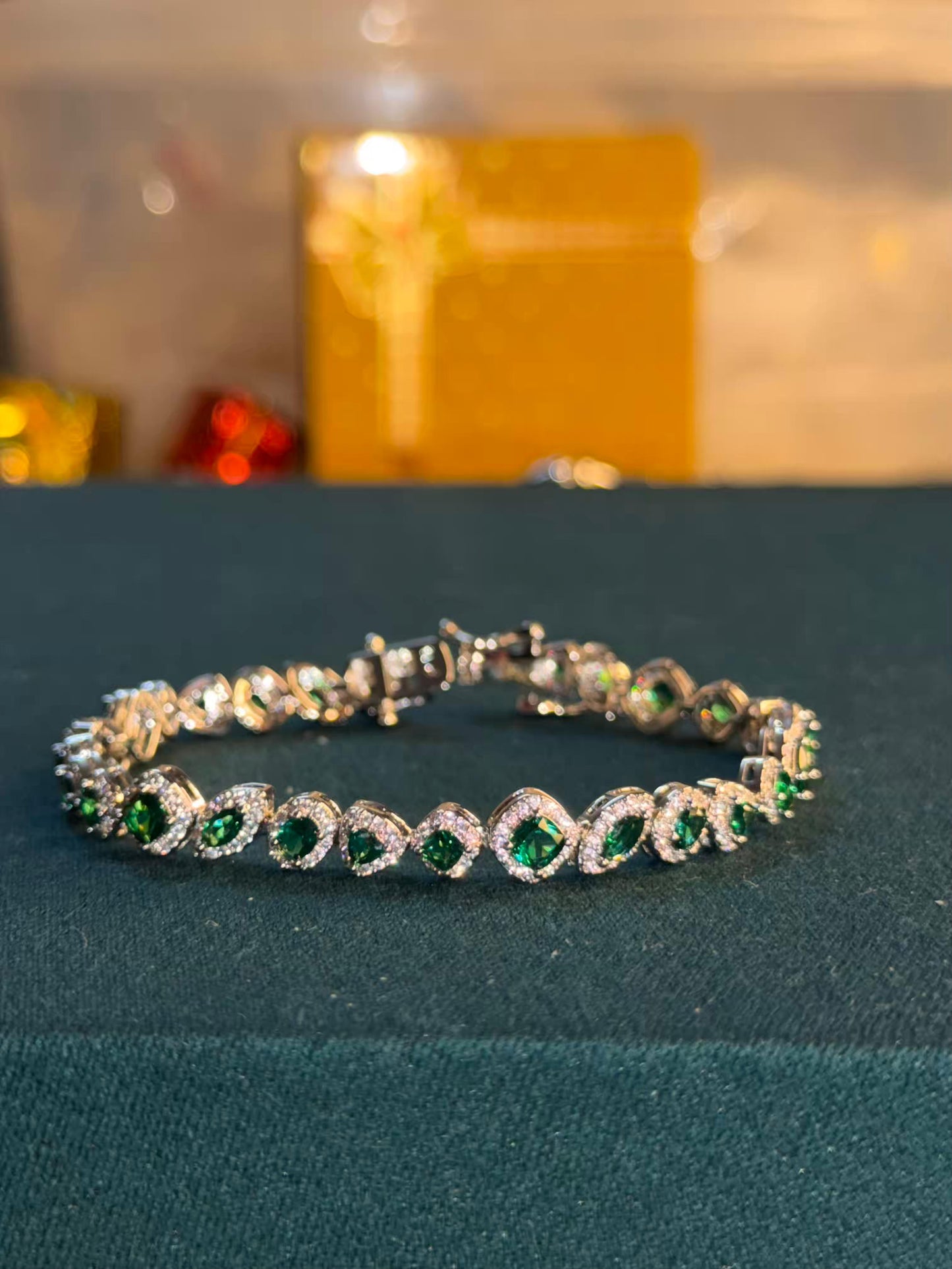 Emerald Halo Shaped Silver Plated Tennis Bracelet