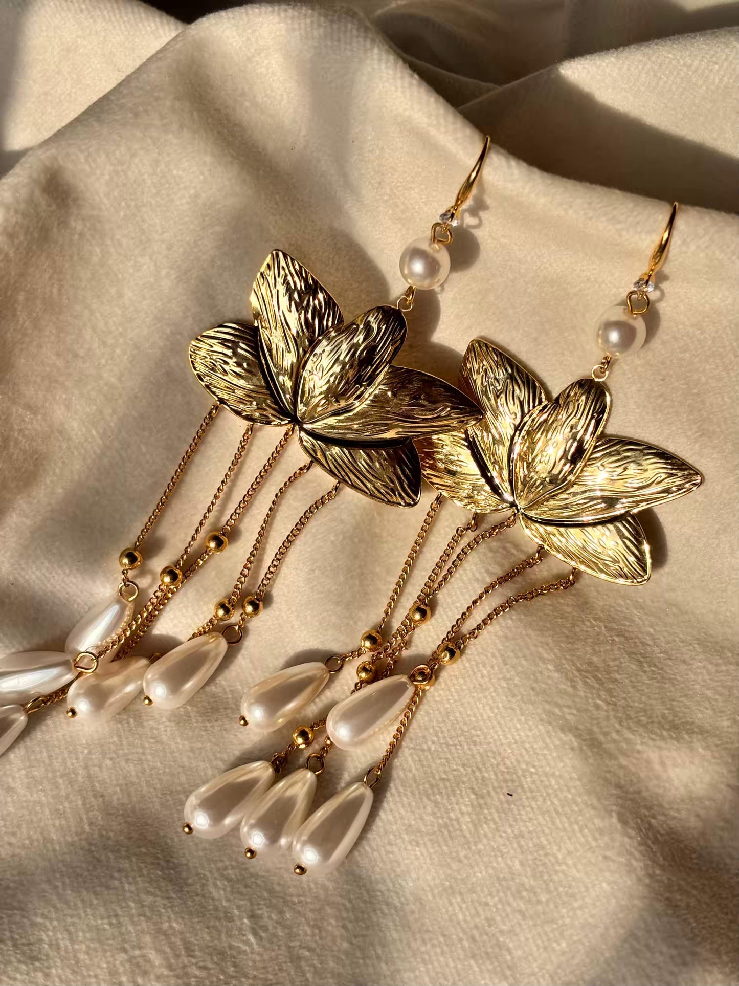Lotus Pearl Dangles Studds Earrings 18K Gold Plated Premium Earrings