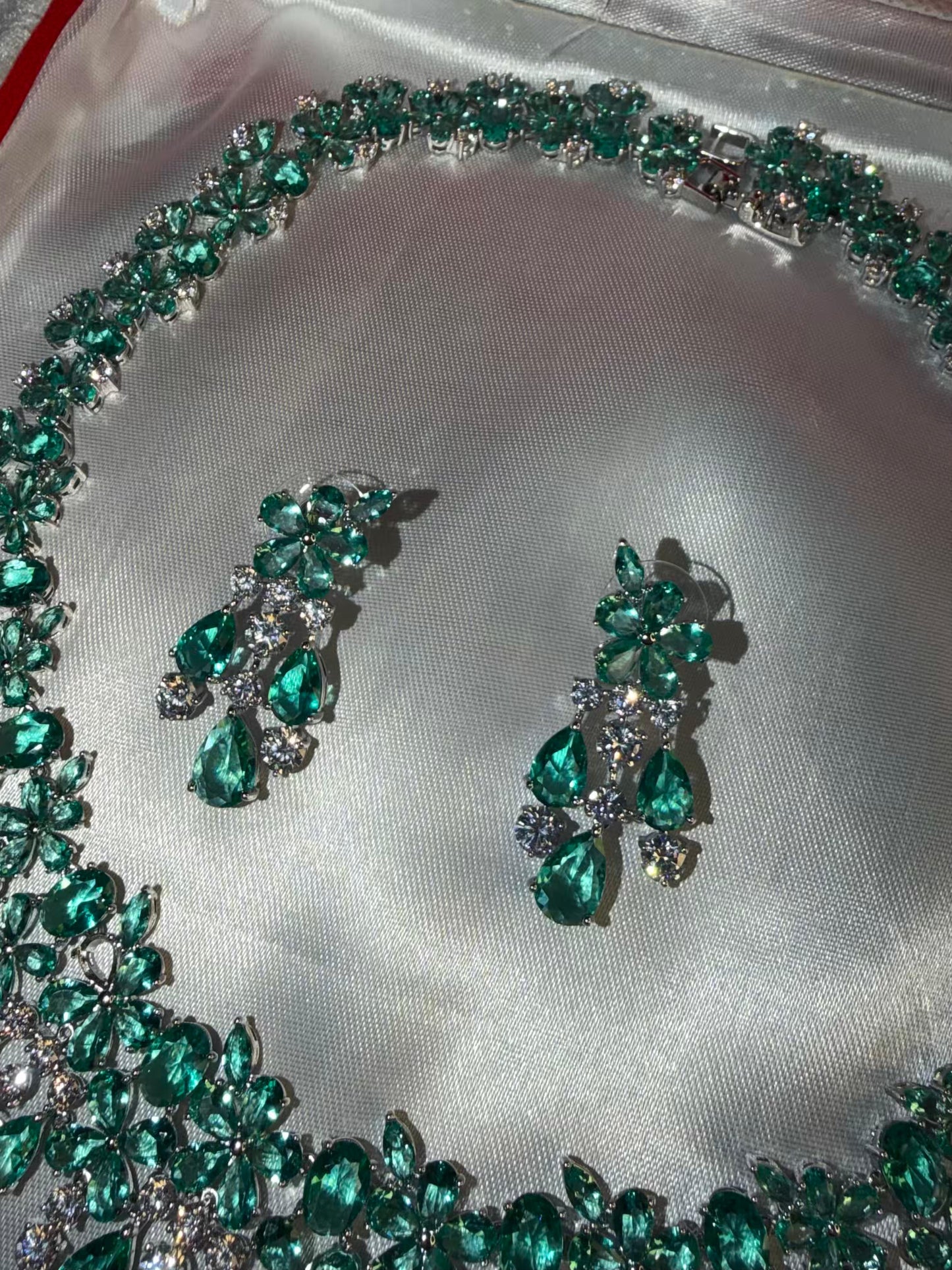 Turquoise Princess Cocktail Party Necklace Set with Earrings - Rhodium Silver Plated