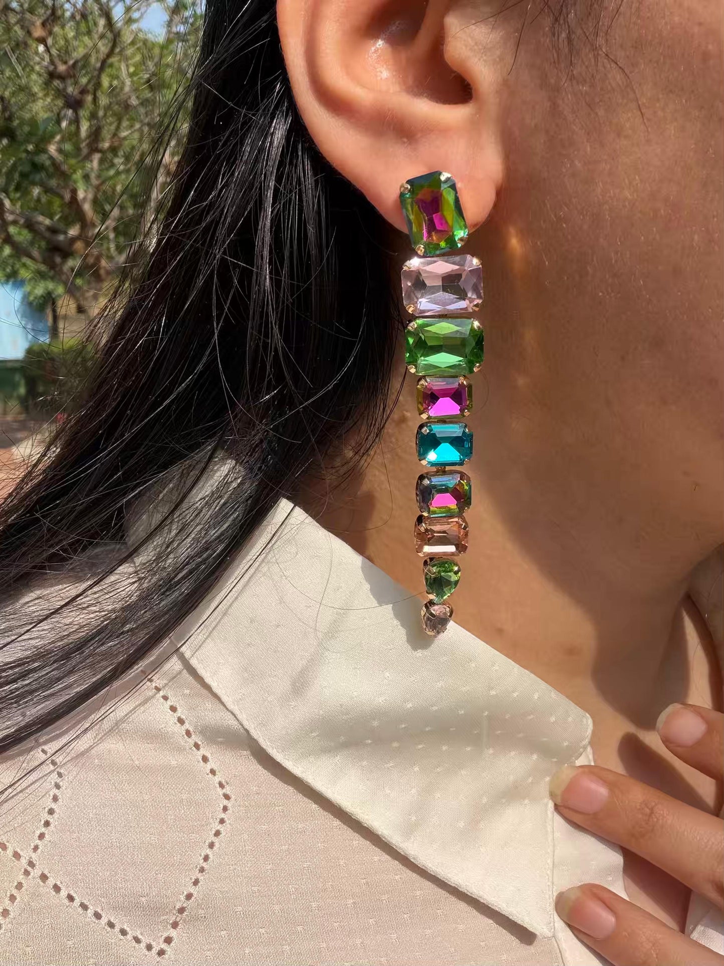 Long multicolour gold plated earrings