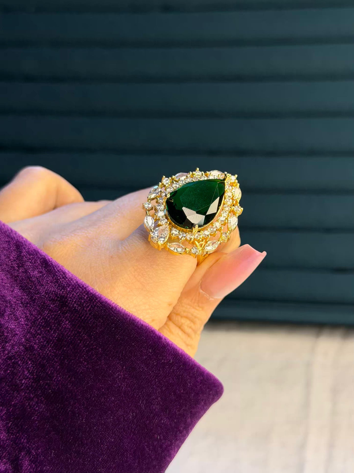 Emerald Green Stone Diamond Edge Gold Plated Premium Ring (Adjustable)