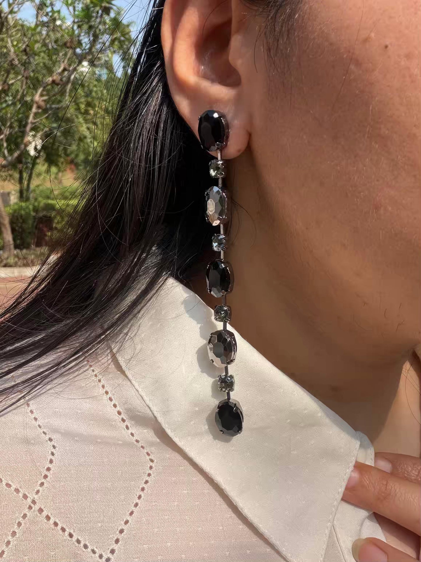 Black And Silver Stone Gold Plated Earrings