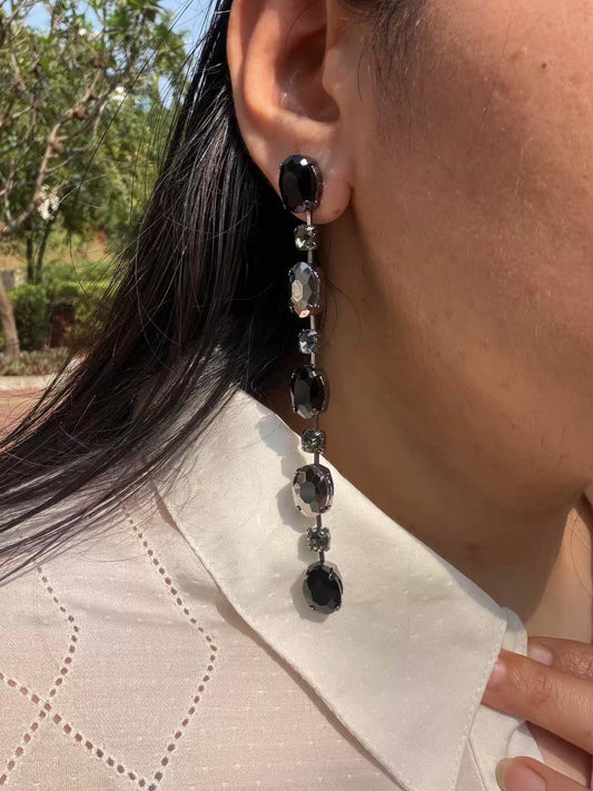 Black And Silver Stone Gold Plated Earrings