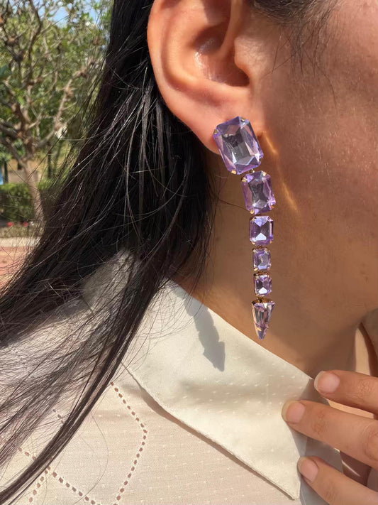 Purple Square Stones Long Gold Plated Earrings