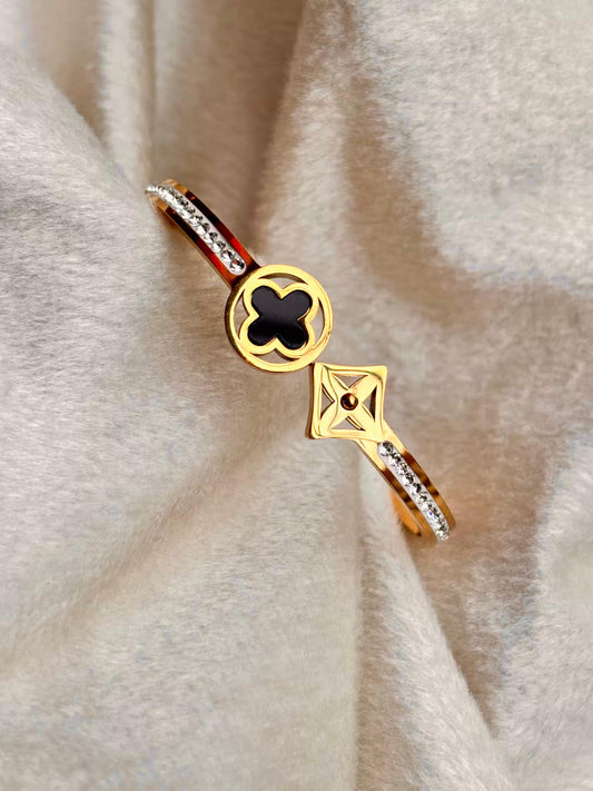 For Thin Wrist Black Flower Clover Bangle 18K Gold plated Premium Bangle 2.2 - 2.4 Size