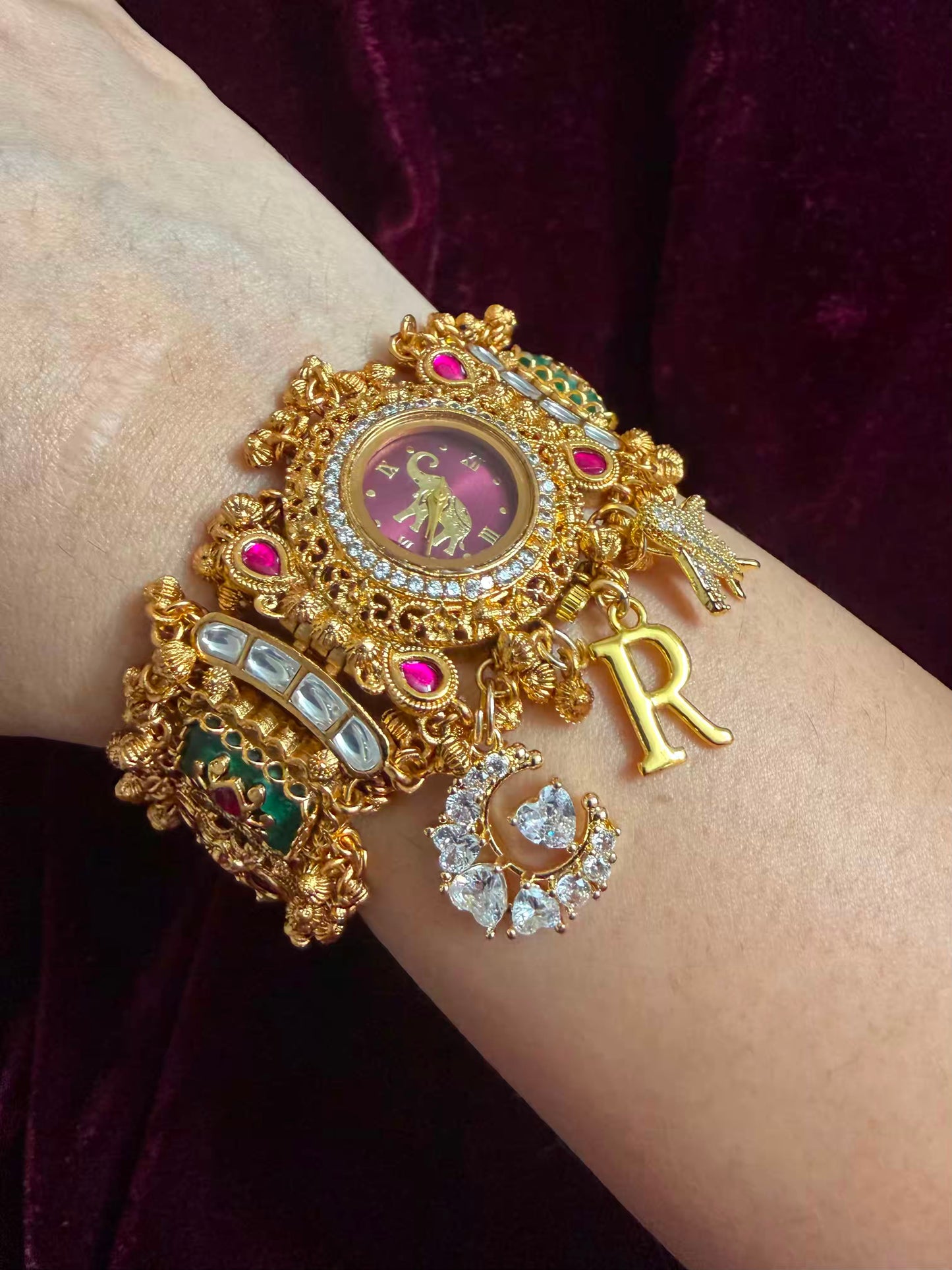 Moon Airplane Heritage Meenakari Watch Rakhi in Premium Swarovski (Free Initial)