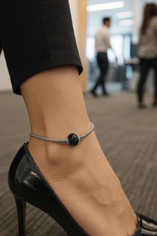 Black Beaded Silver Premium Anklet Payal with Silver hooks